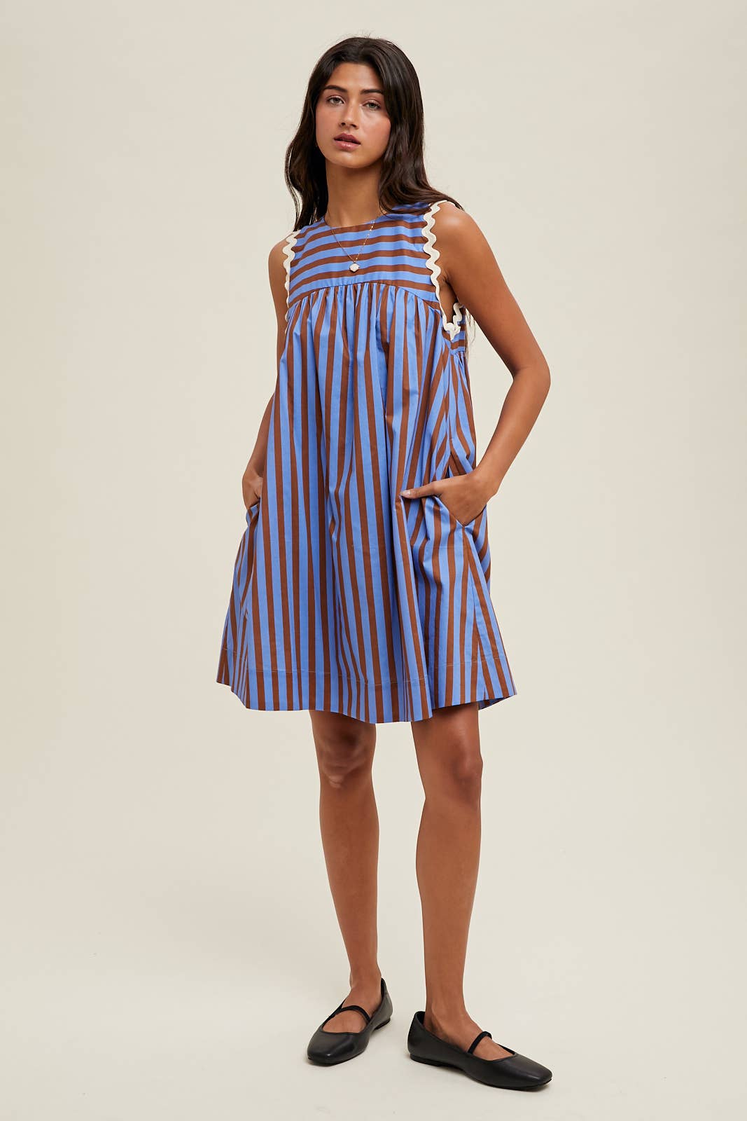 RIC RAC DETAIL STRIPED MINI DRESS / WL24-9870: BLUE/ESPRESSO