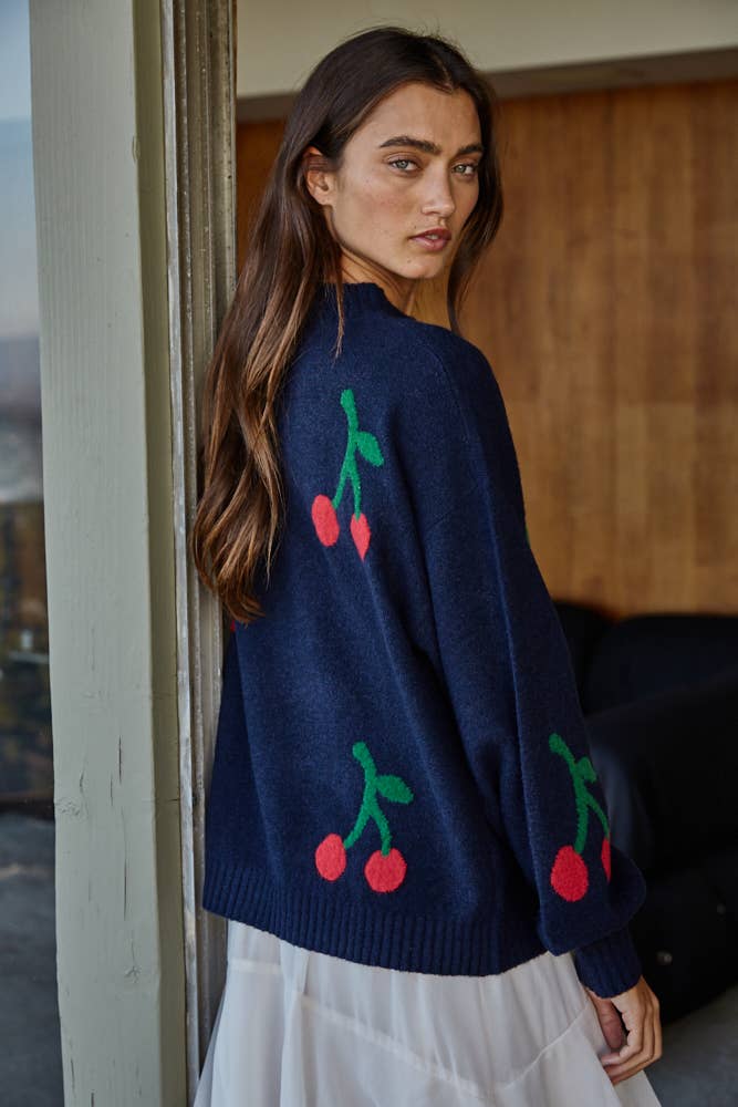Cherry Print Knit Sweater : Dark Navy / W2269