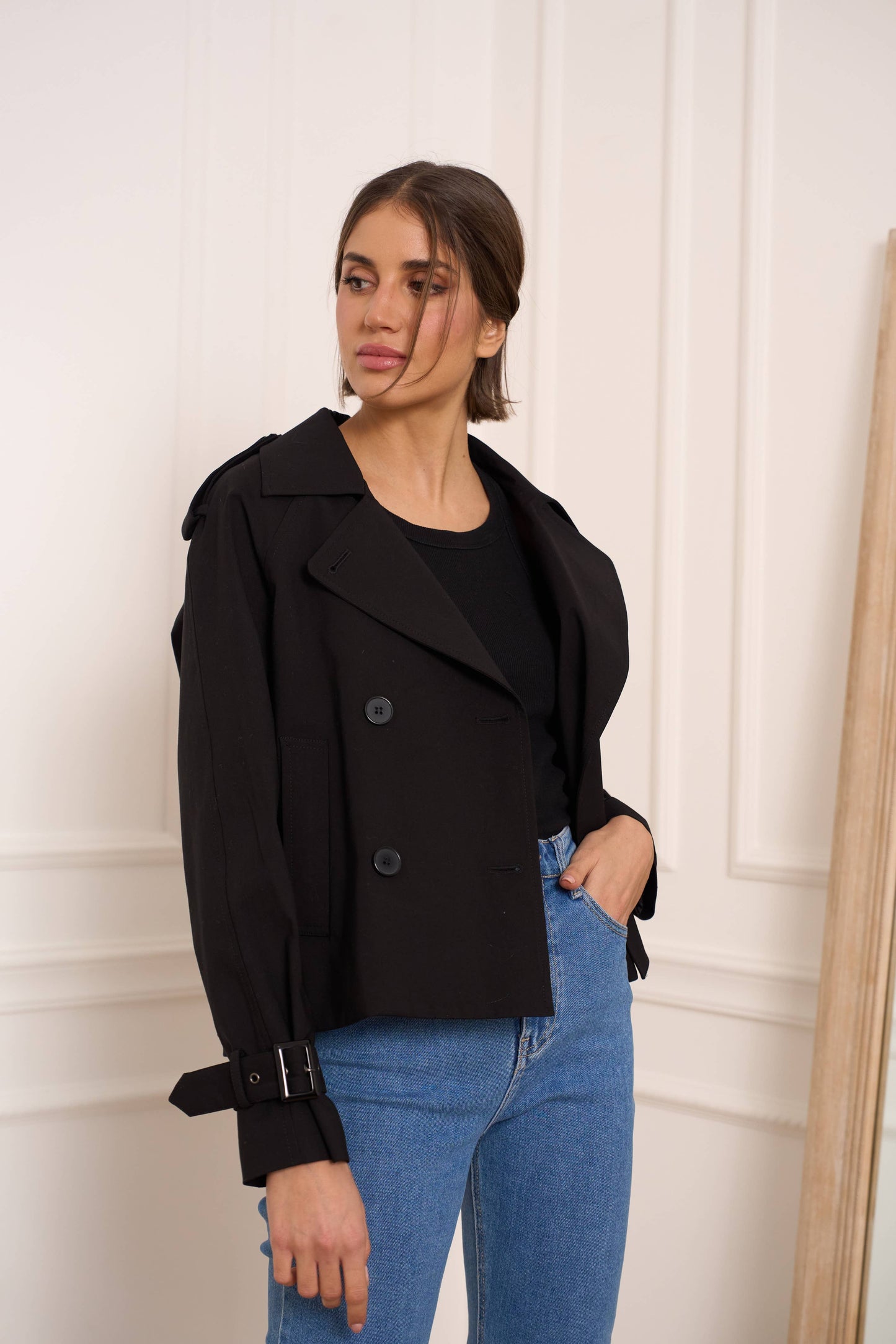 Plain cropped cotton trench coat: Beige