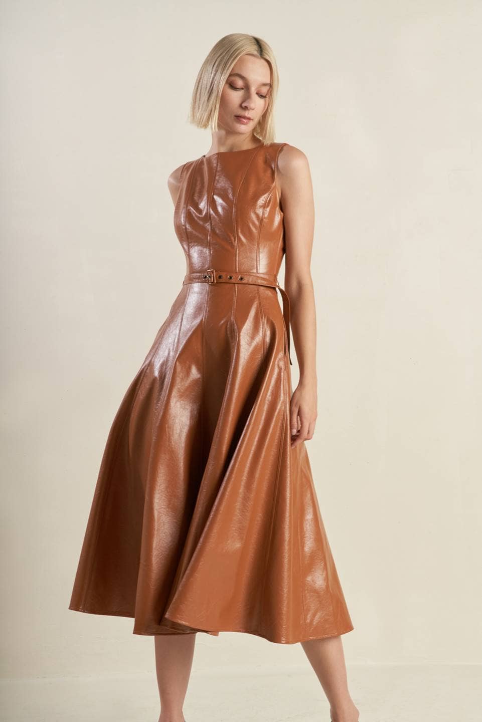 Faux leather belted midi dress - FD1294: CAMEL