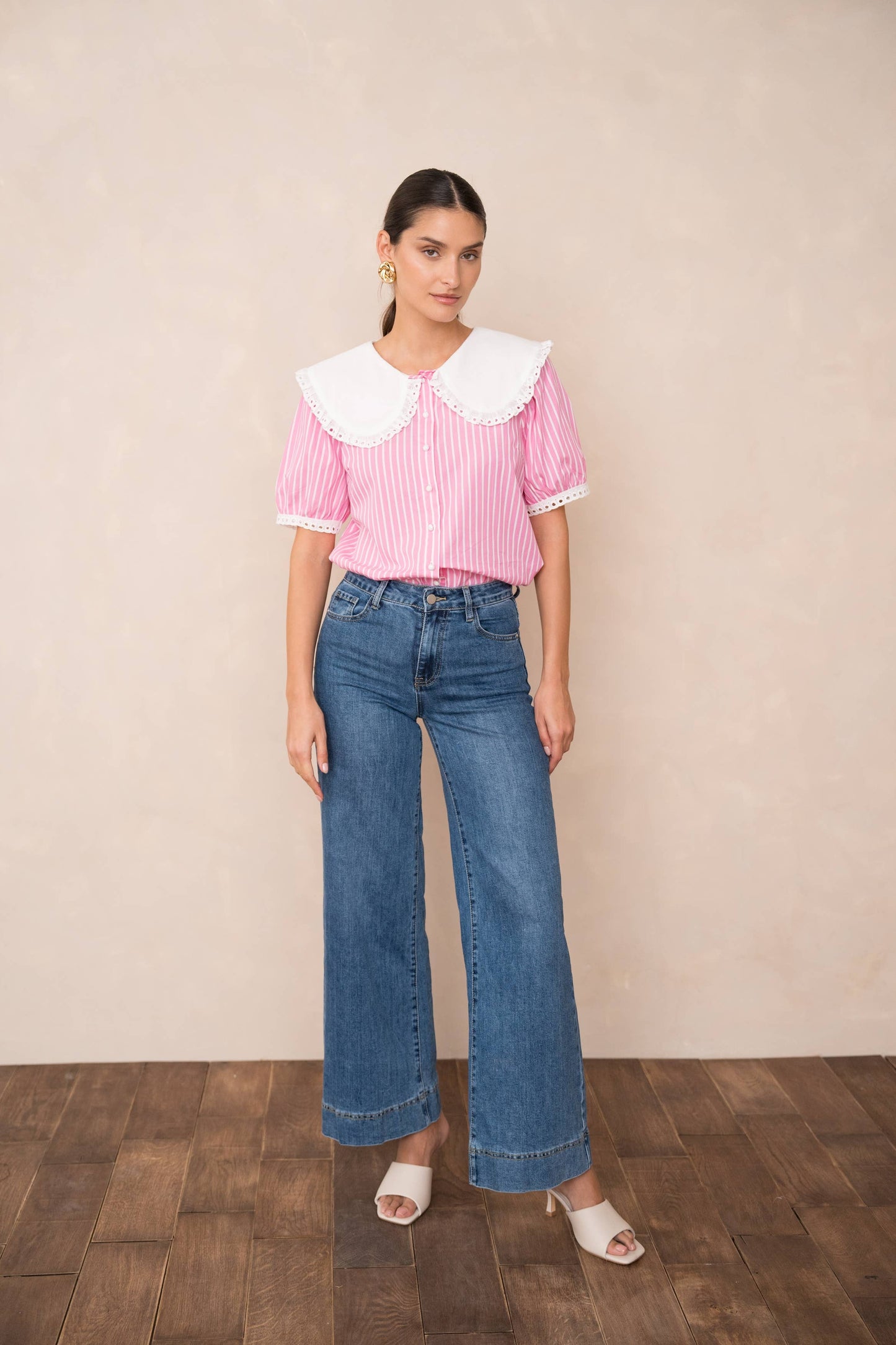 Cotton shirt with Peter Pan collar and short sleeves: Sky Blue