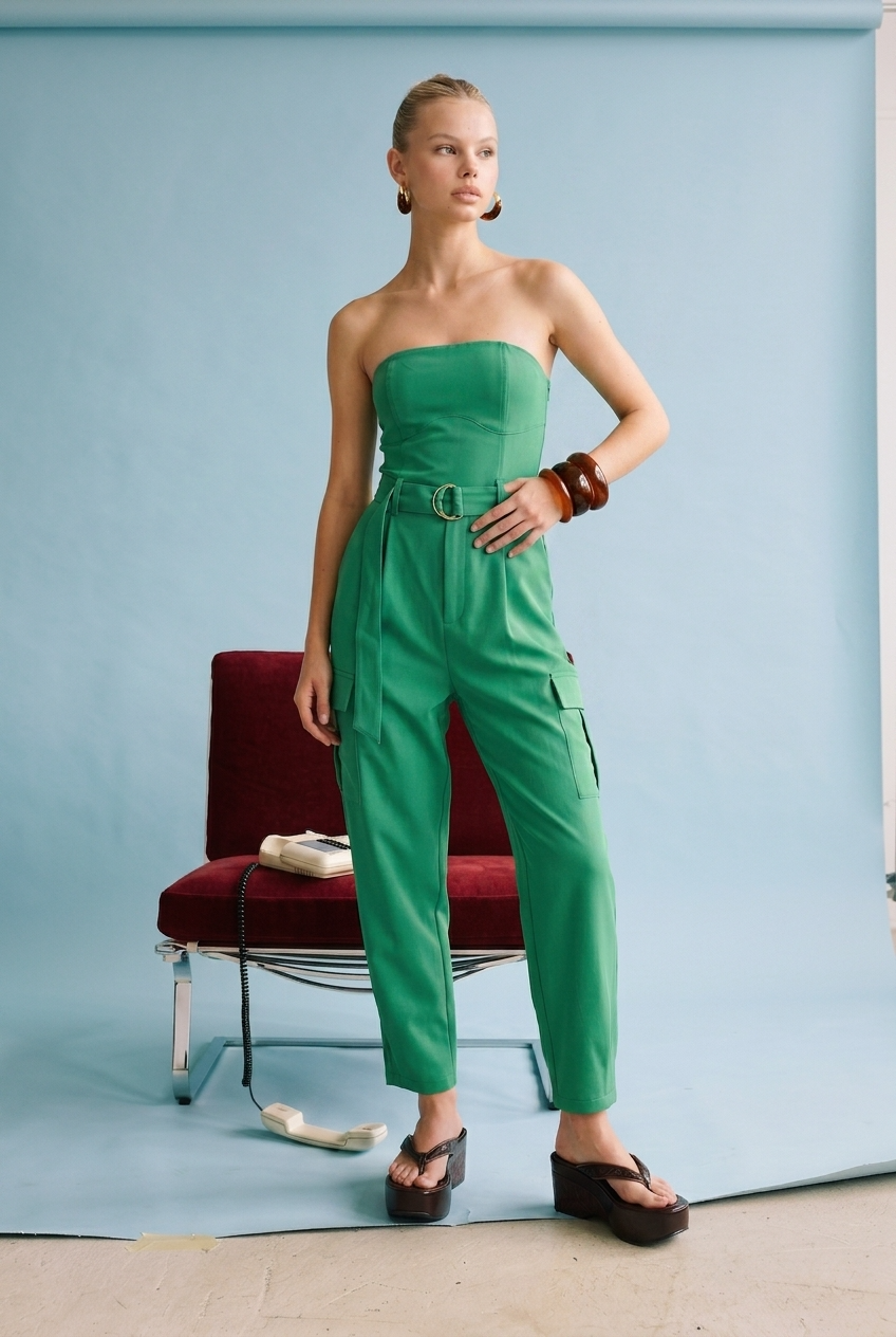 Strapless Belted Cargo Jumpsuit: Green