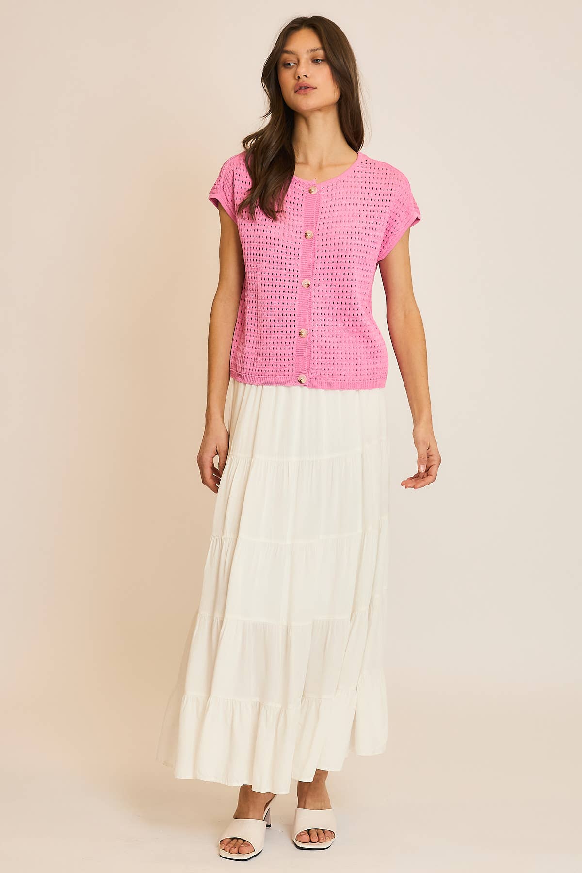 OPEN-KNIT BUTTON-UP SWEATER TOP / WL24-9580: PUNCH