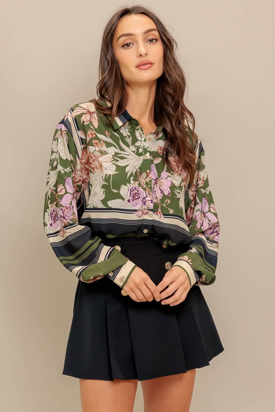 Olive floral button up top - IT13799:
