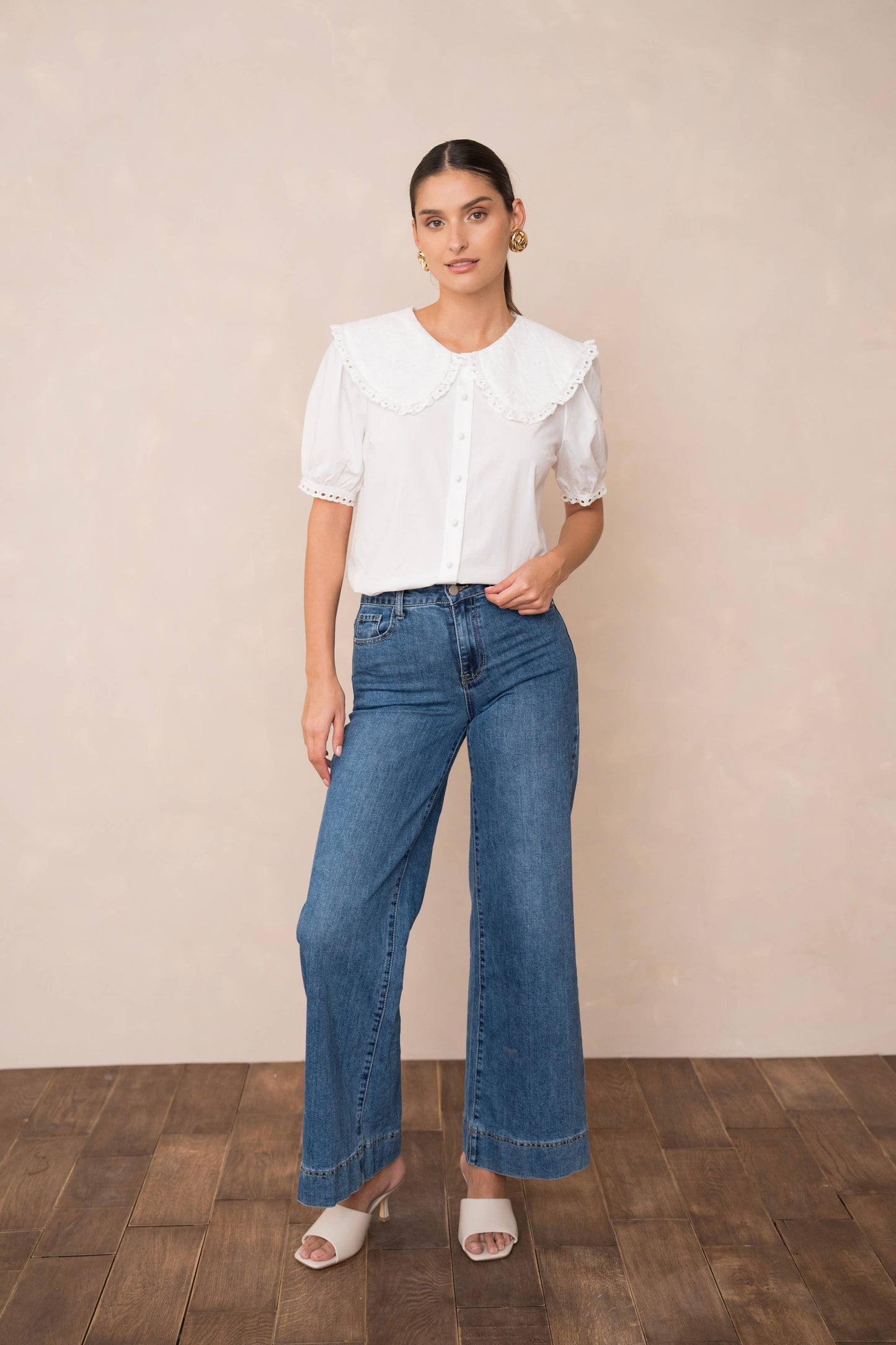 Cotton shirt with Peter Pan collar and short sleeves: Sky Blue