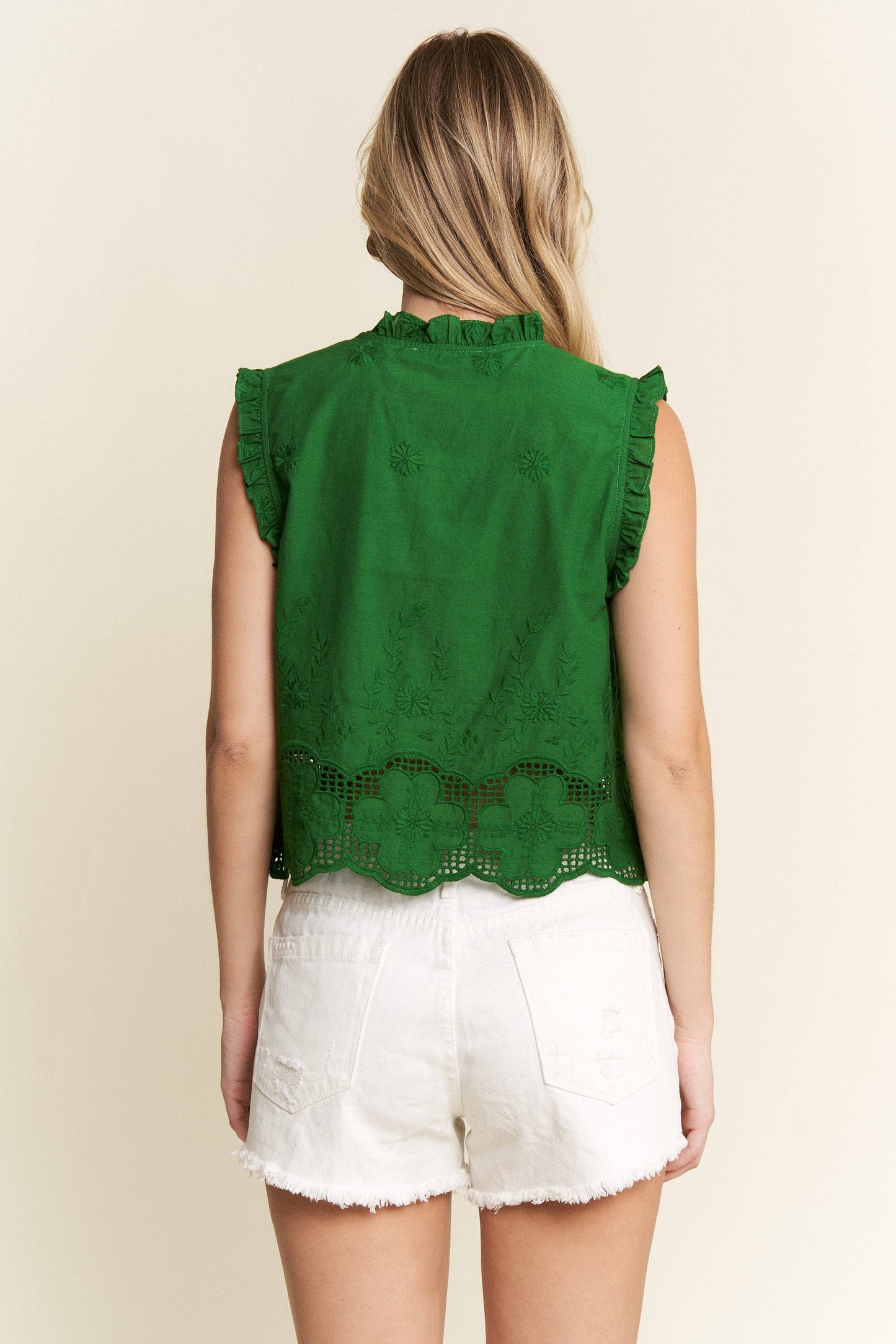 SLEEVELESS RUFFLE FRONT TIE TOP: Green