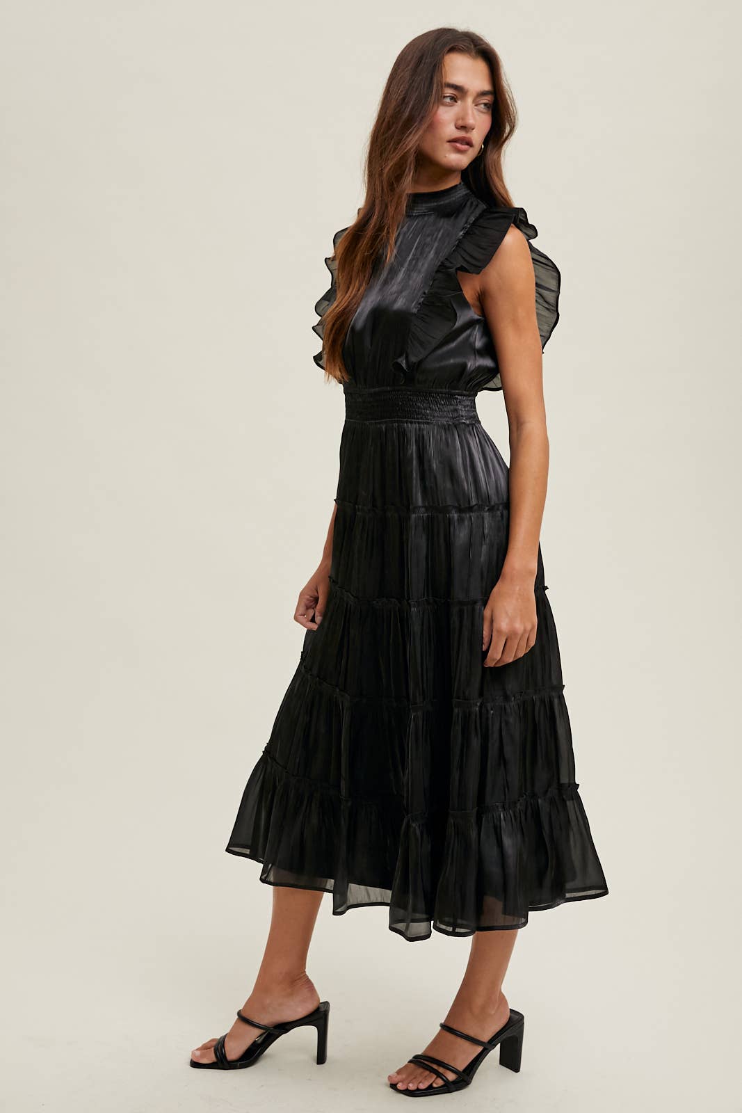 ORGANZA TIERED MIDI DRESS WITH RUFFLE DETAIL / WL23-8374: Black