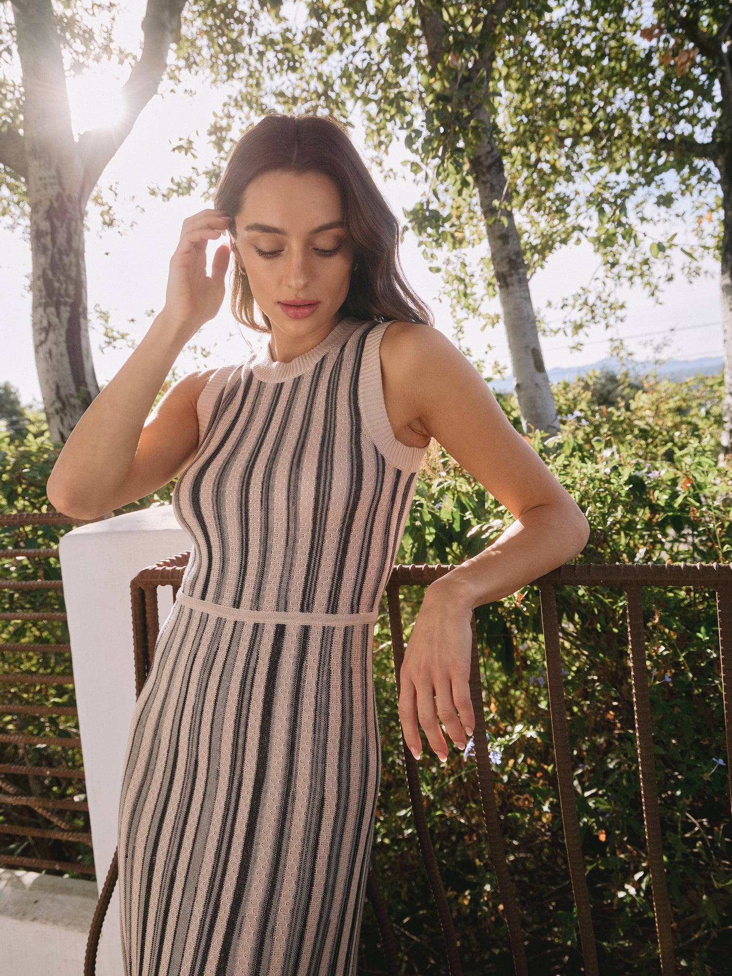 Sleeveless Striped Sweater Dress: Oatmeal/Black