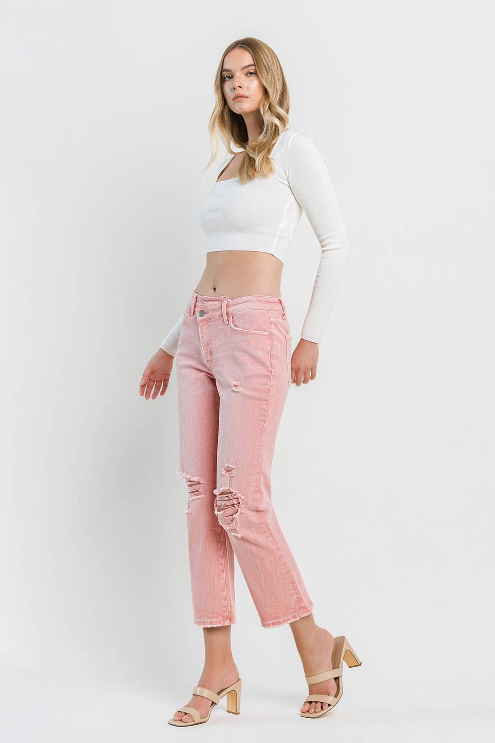 HIGH RISE CROSS OVER CROP STRAIGHT JEANS F5647BRS: BRIDAL ROSE