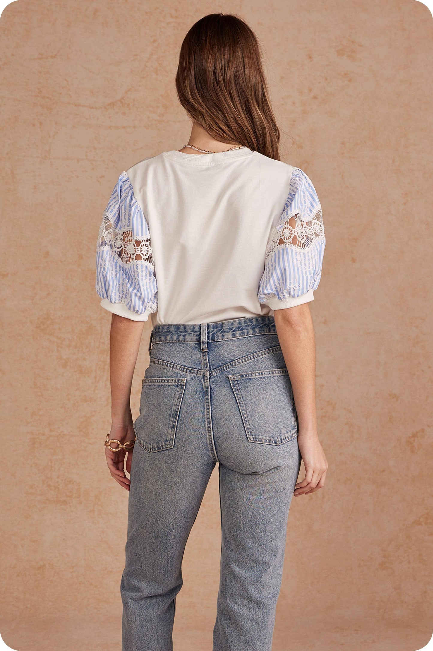 Striped Embroidered Puff Sleeve Tee Top: White/blue