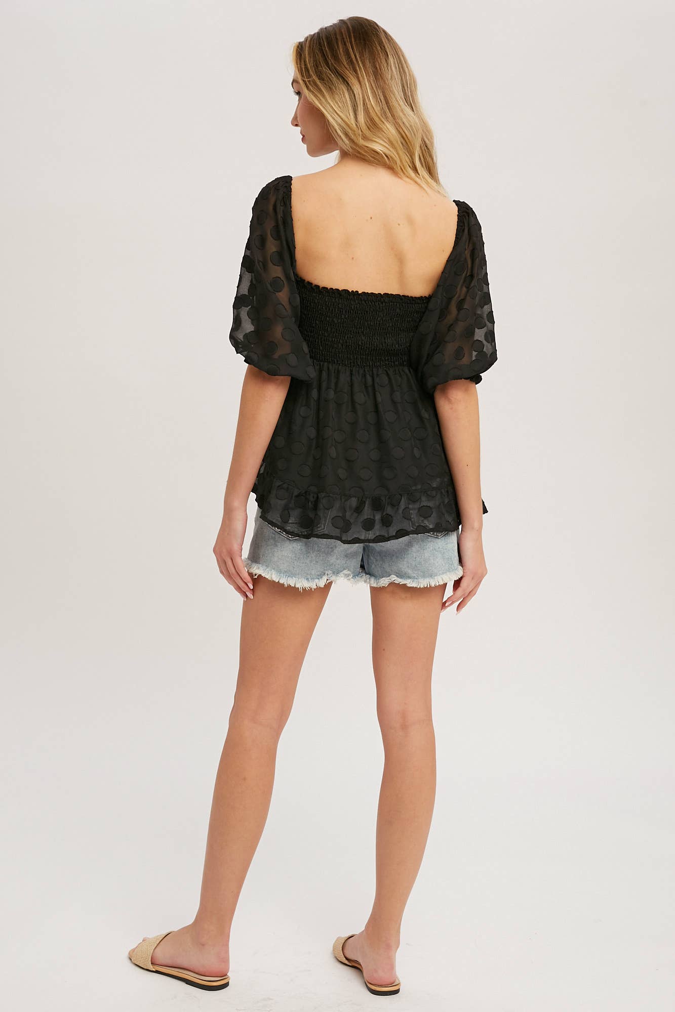 POLKA DOT FRONT TIE BLOUSE: BLACK / L