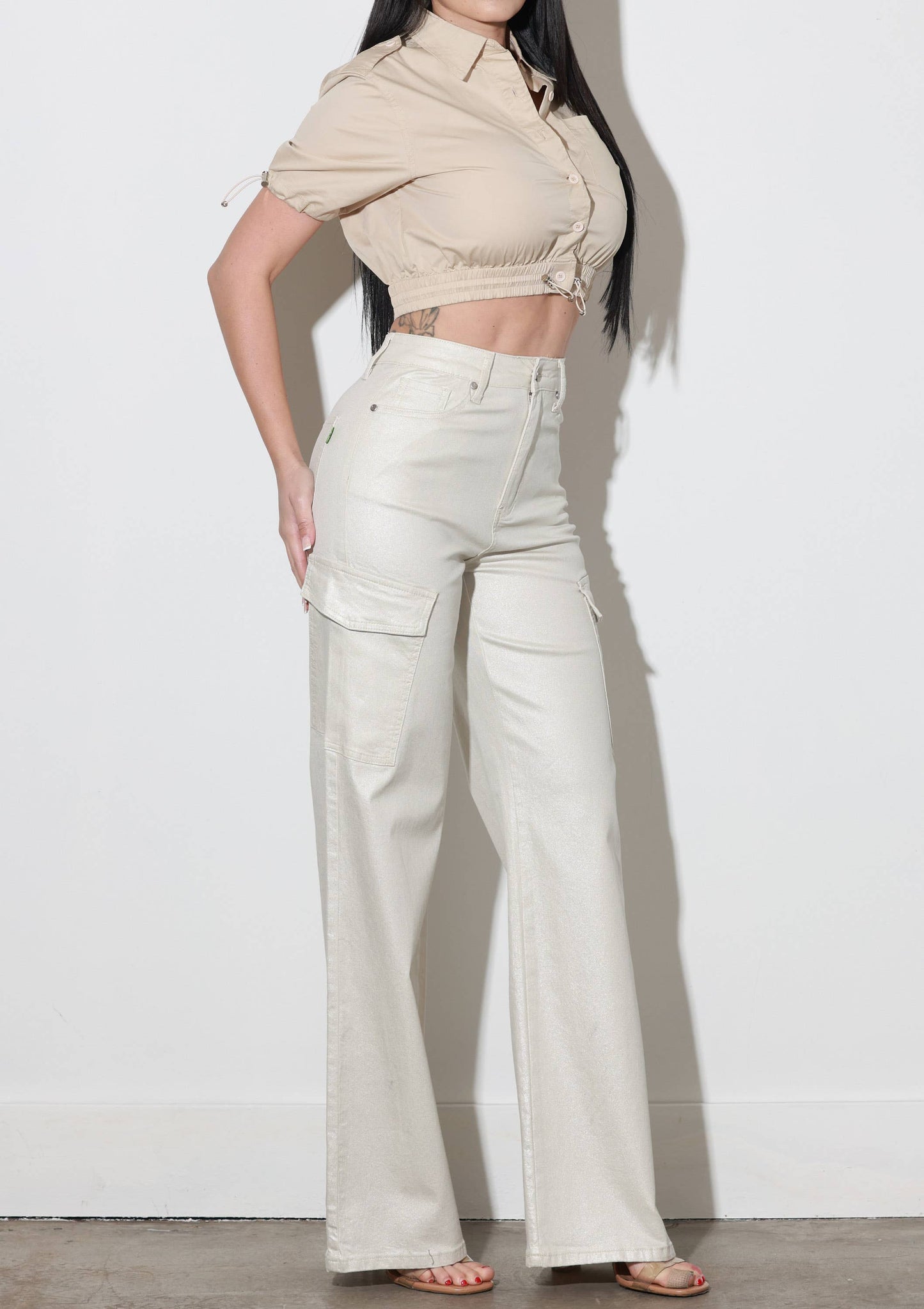 Glitter High-Rise Cargo Wide Leg Jeans: Natural