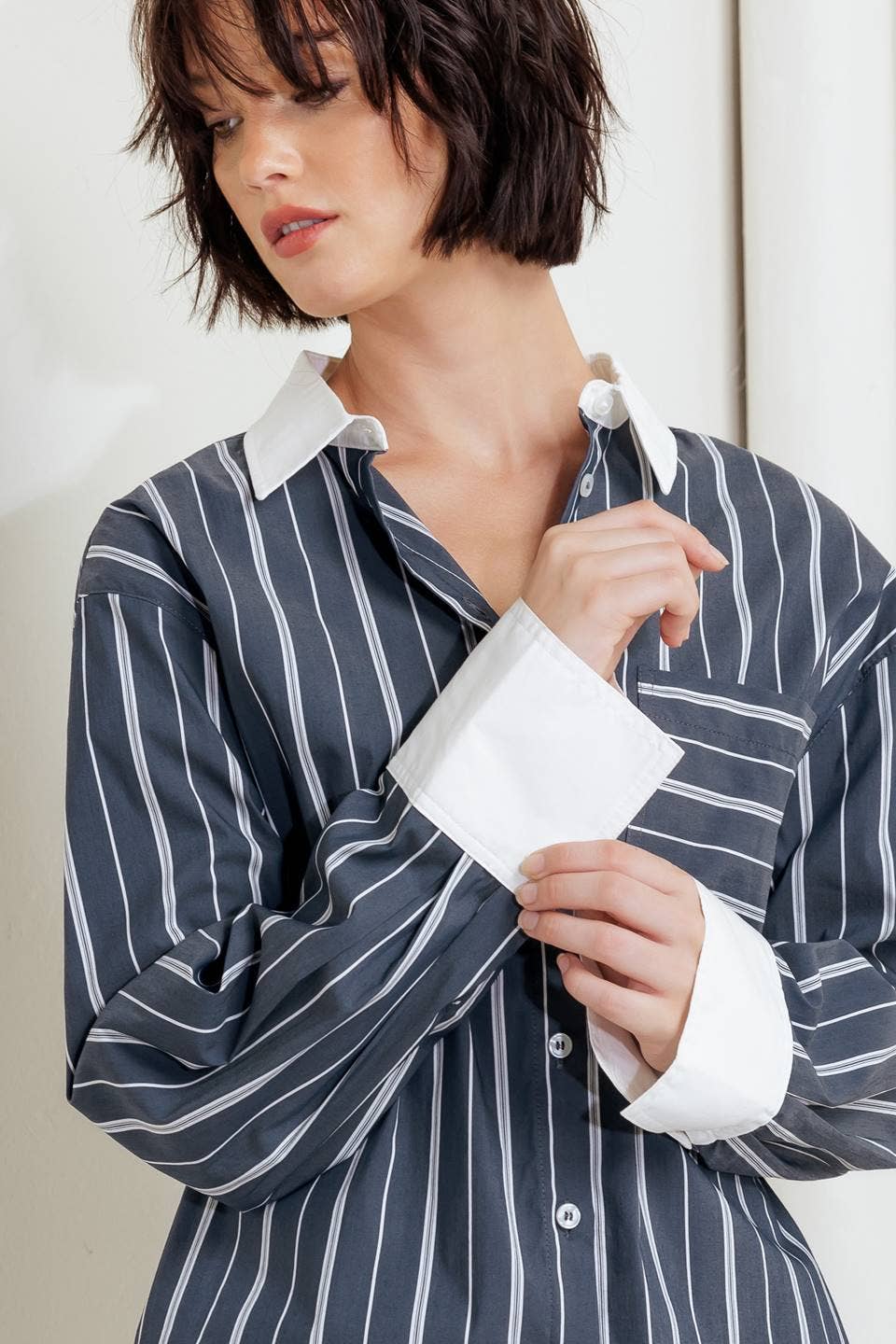 Charcoal/White striped woven top - FT1310