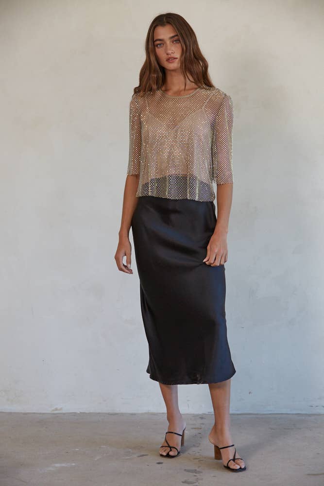 Satin Waist Elastic Band Midi Skirt: Black