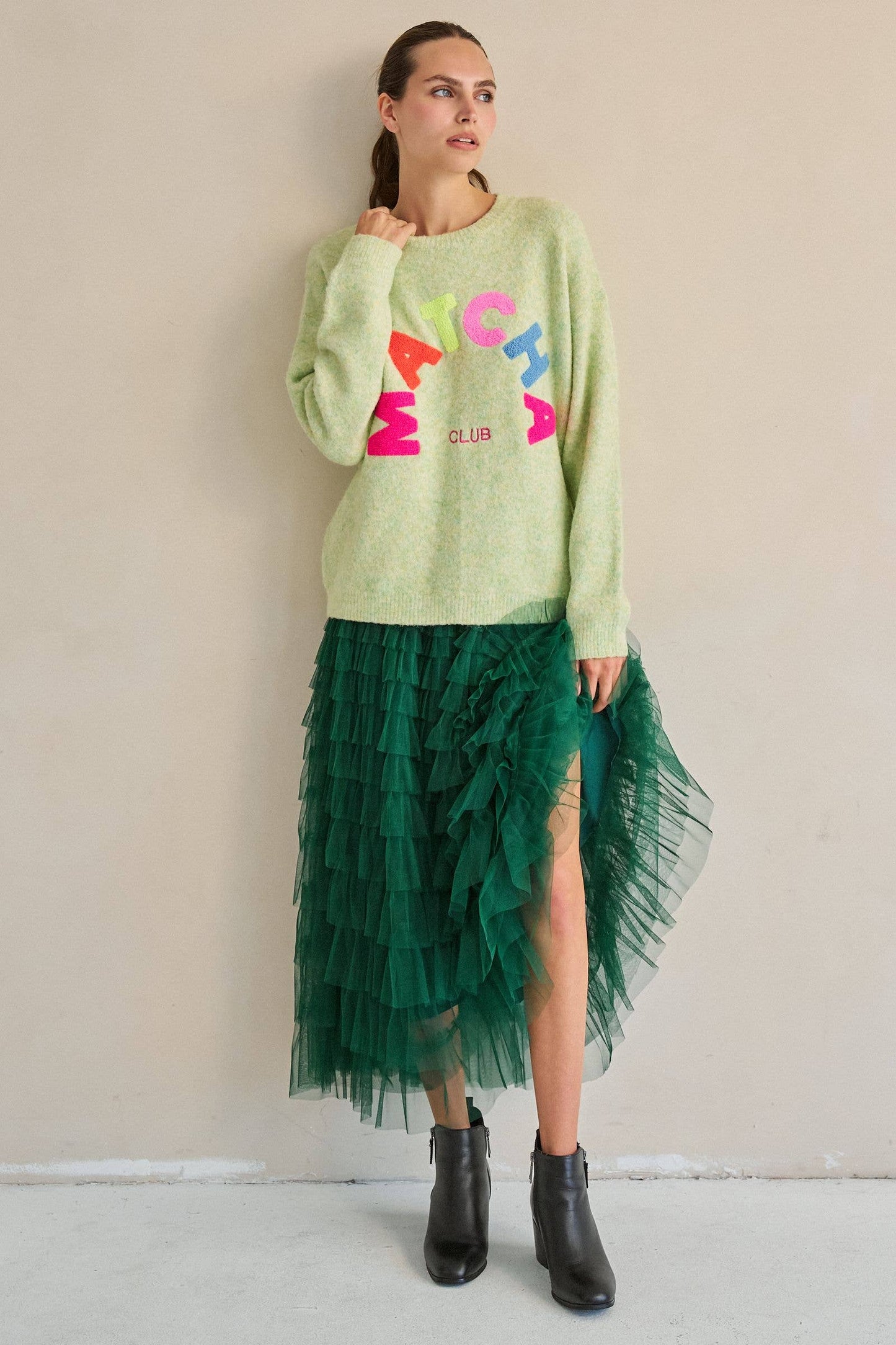 TIERED RUFFLE MESH MAXI SKIRT: GREEN