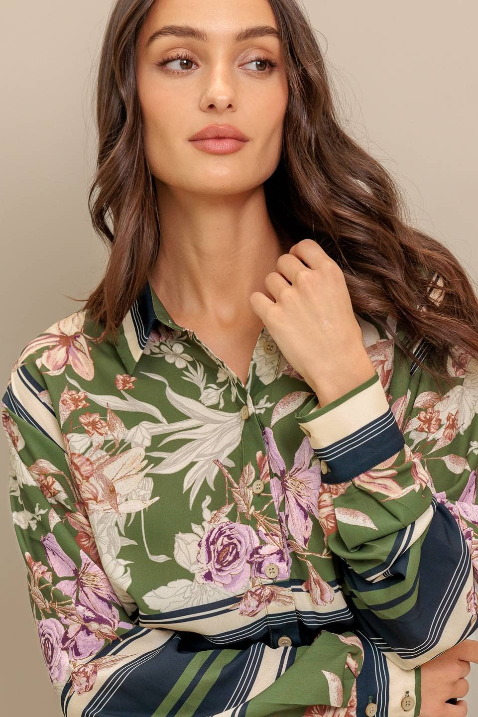 Olive floral button up top - IT13799: