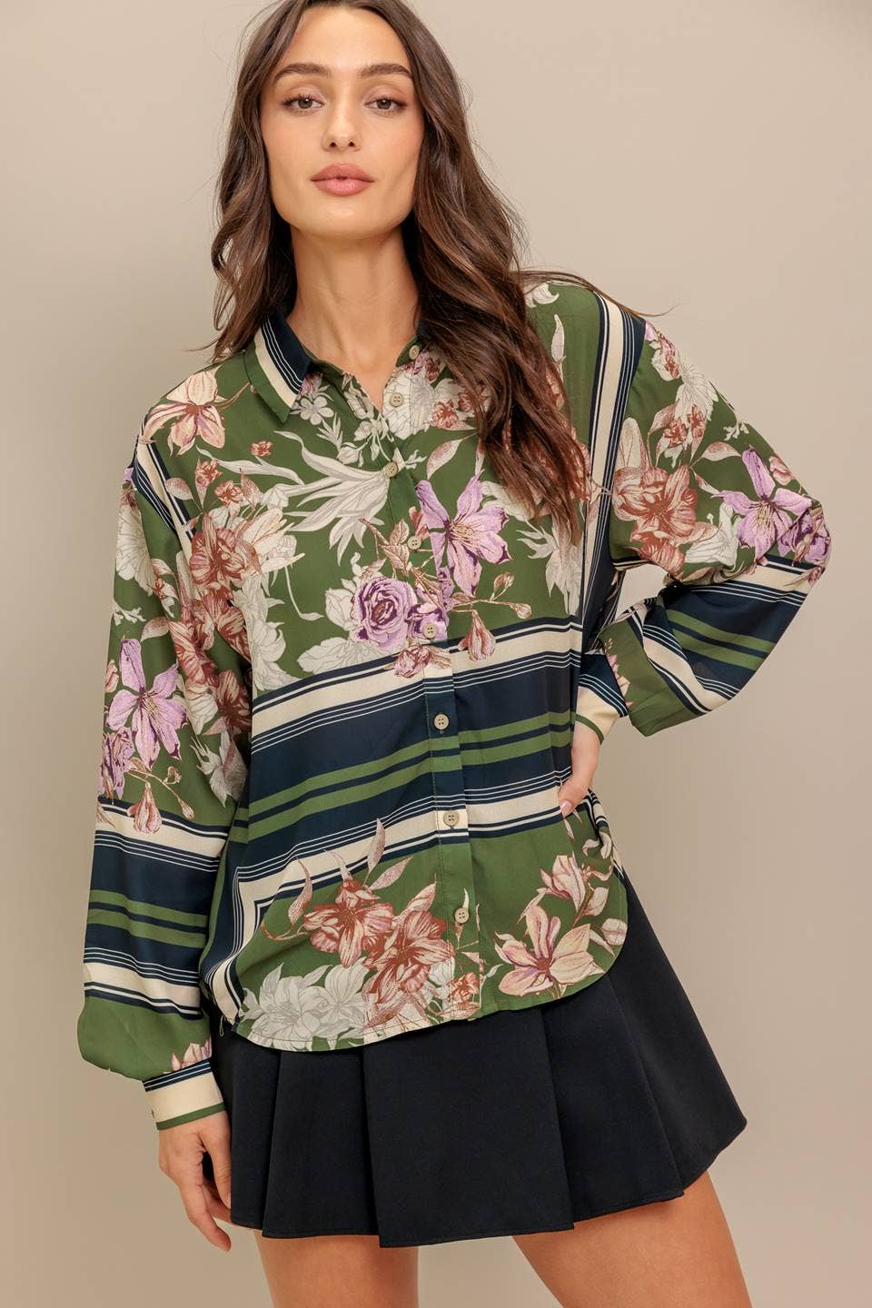 Olive floral button up top - IT13799: