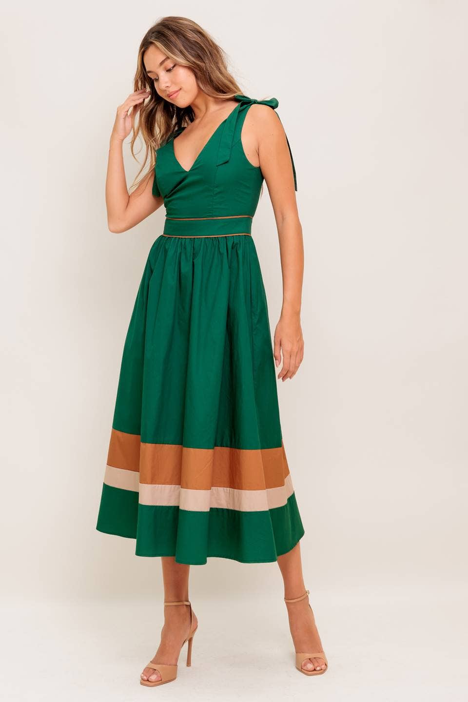 Green/Taupe color blocked midi dress - ID22698: