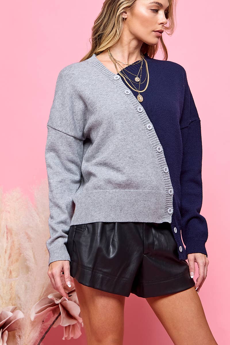 LONG SLEEVE COLOR BLOCK CARDIGAN: Navy