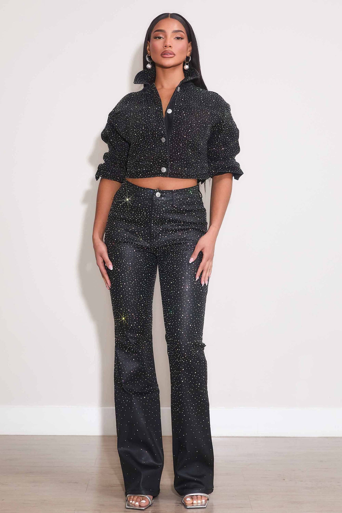 Iridescent Rhinestone Bootcut Coated Pants: Coated Black