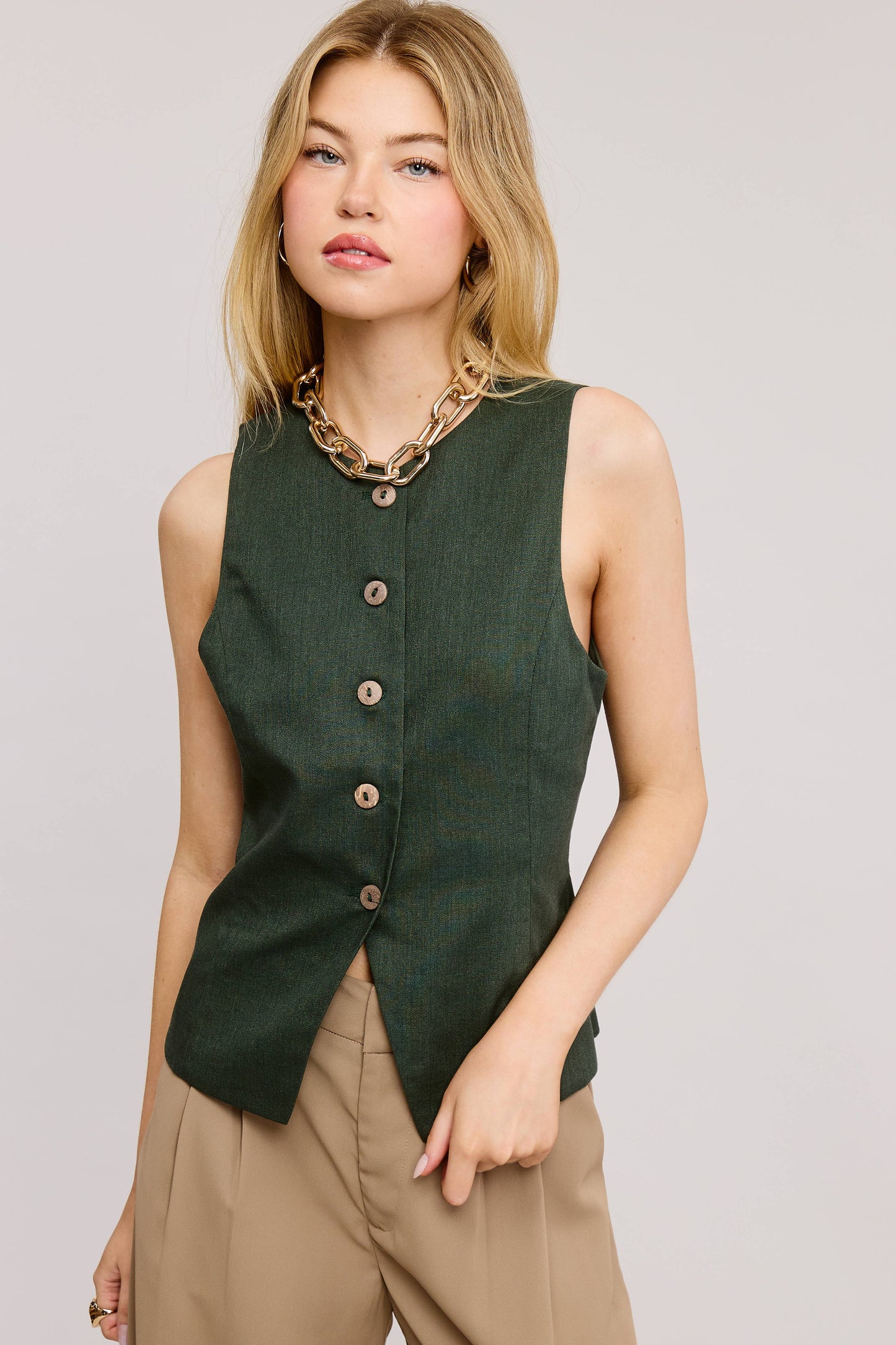 MT1661 ROUND-NECK SLEEVELESS BUTTONED WAISTCOAT VEST: Black / L