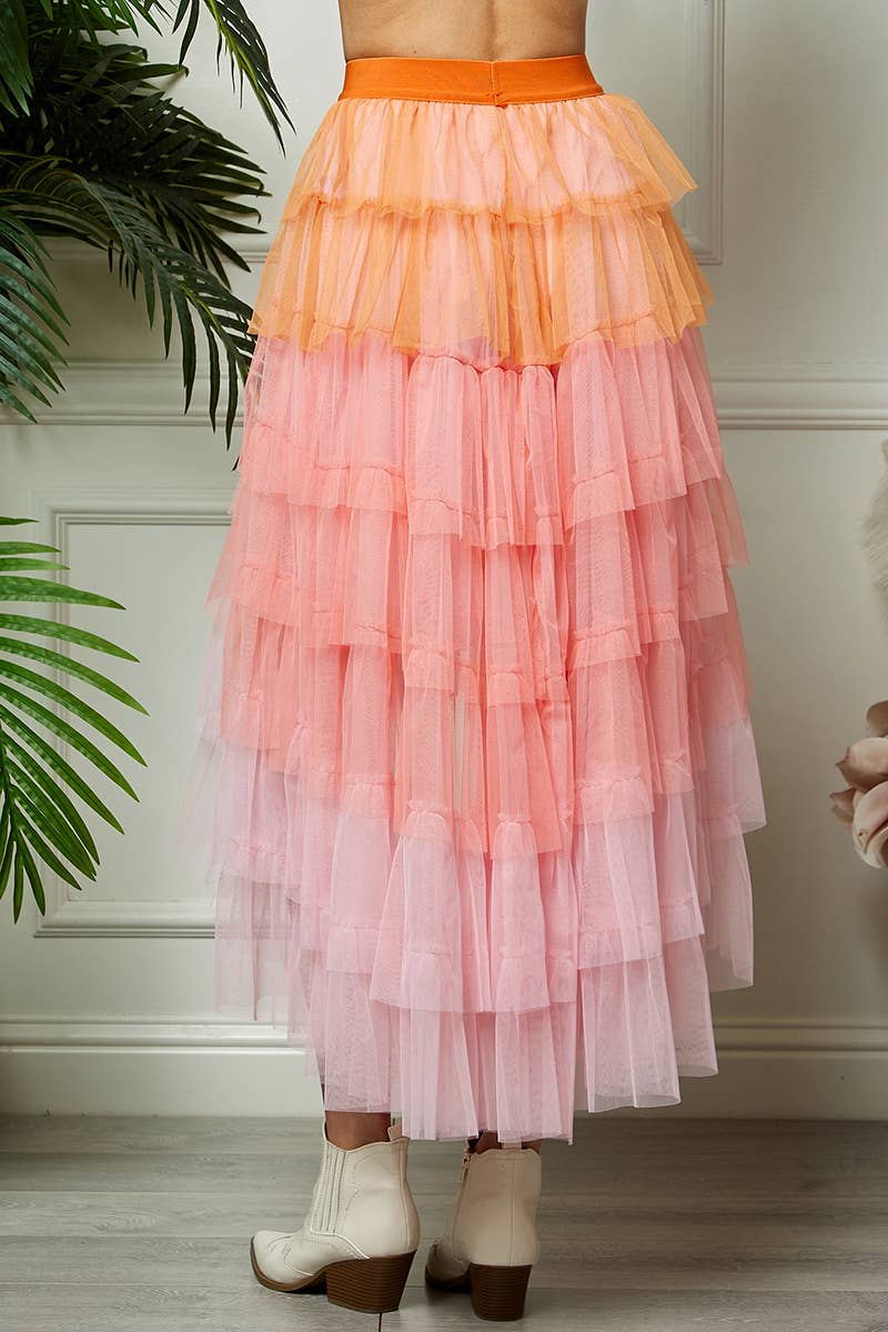 High Low Tiered Tulle Skirt: Orange/Pink / One Size