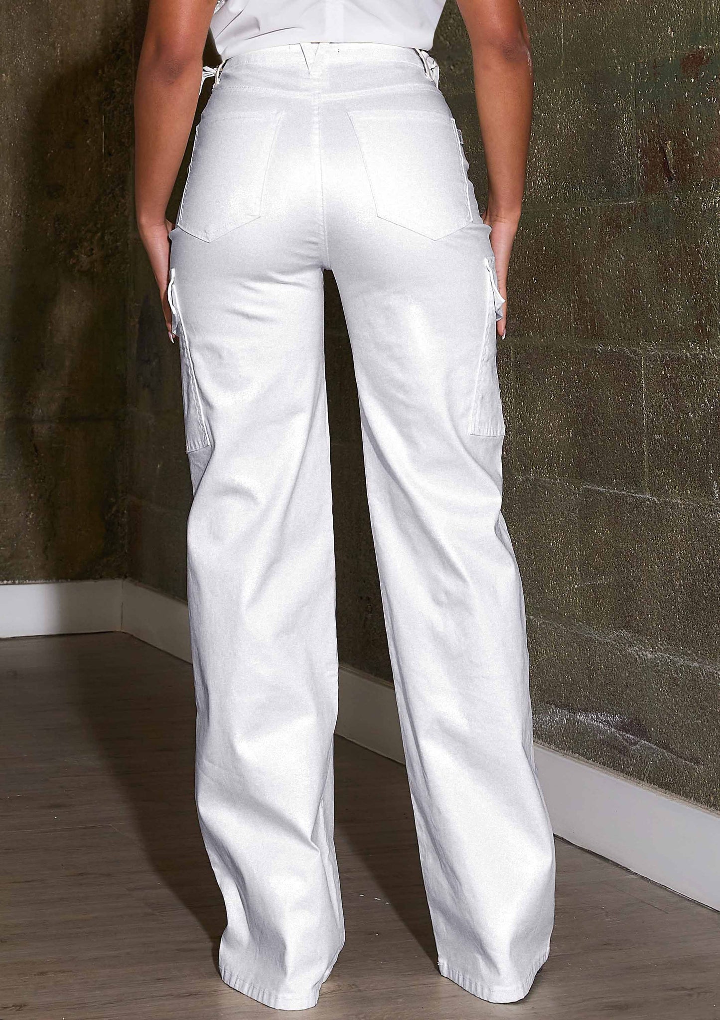 Water Repellent Coated Cargo Wide Leg Pants: White