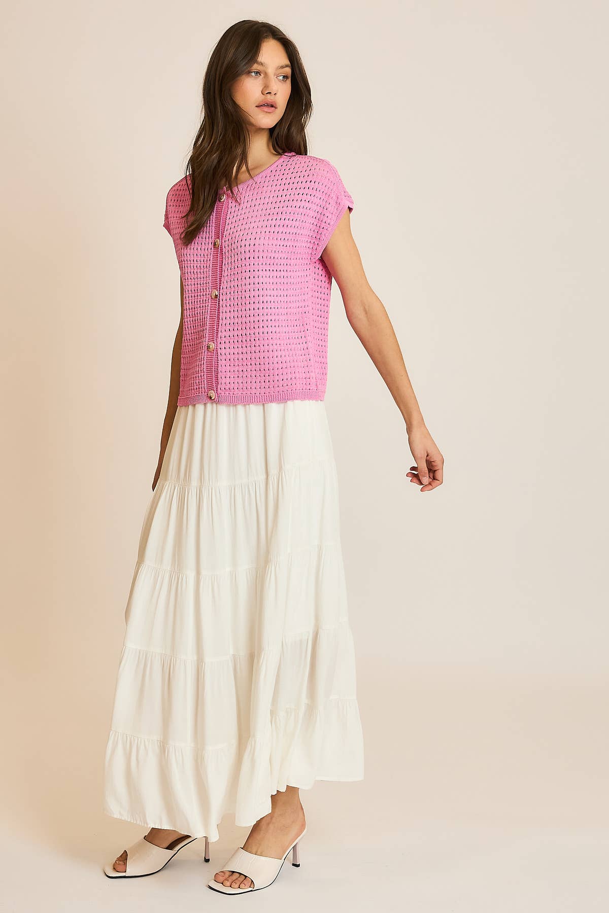 OPEN-KNIT BUTTON-UP SWEATER TOP / WL24-9580: PUNCH