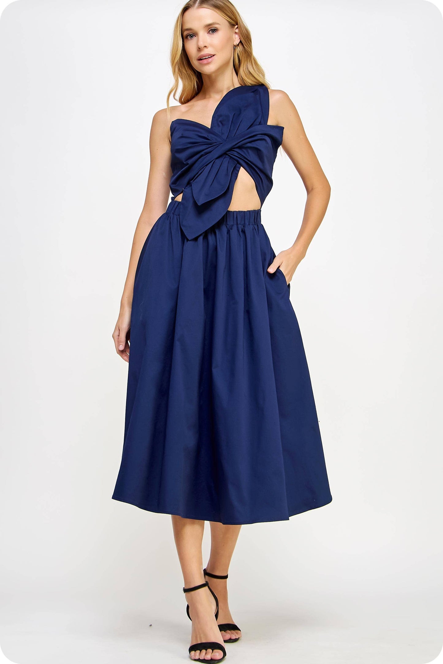 Knotted Flower Bow Midi Dress: Navy