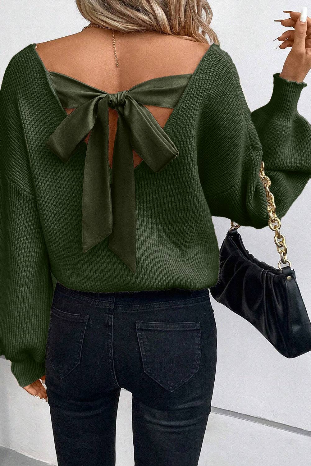 Lantern Sleeve Knot Back Sweater: Black / L