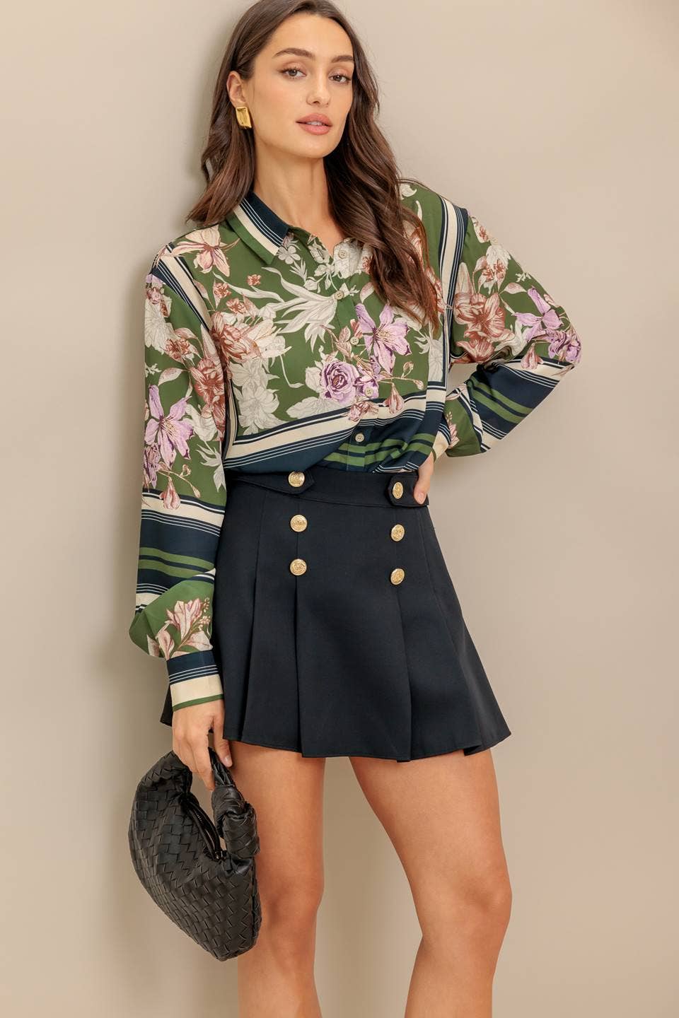Olive floral button up top - IT13799: