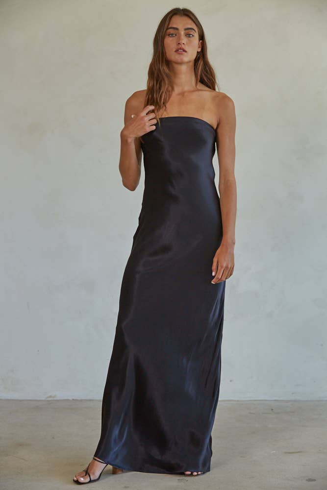 Satin Rayon Tube Strapless Maxi: Black