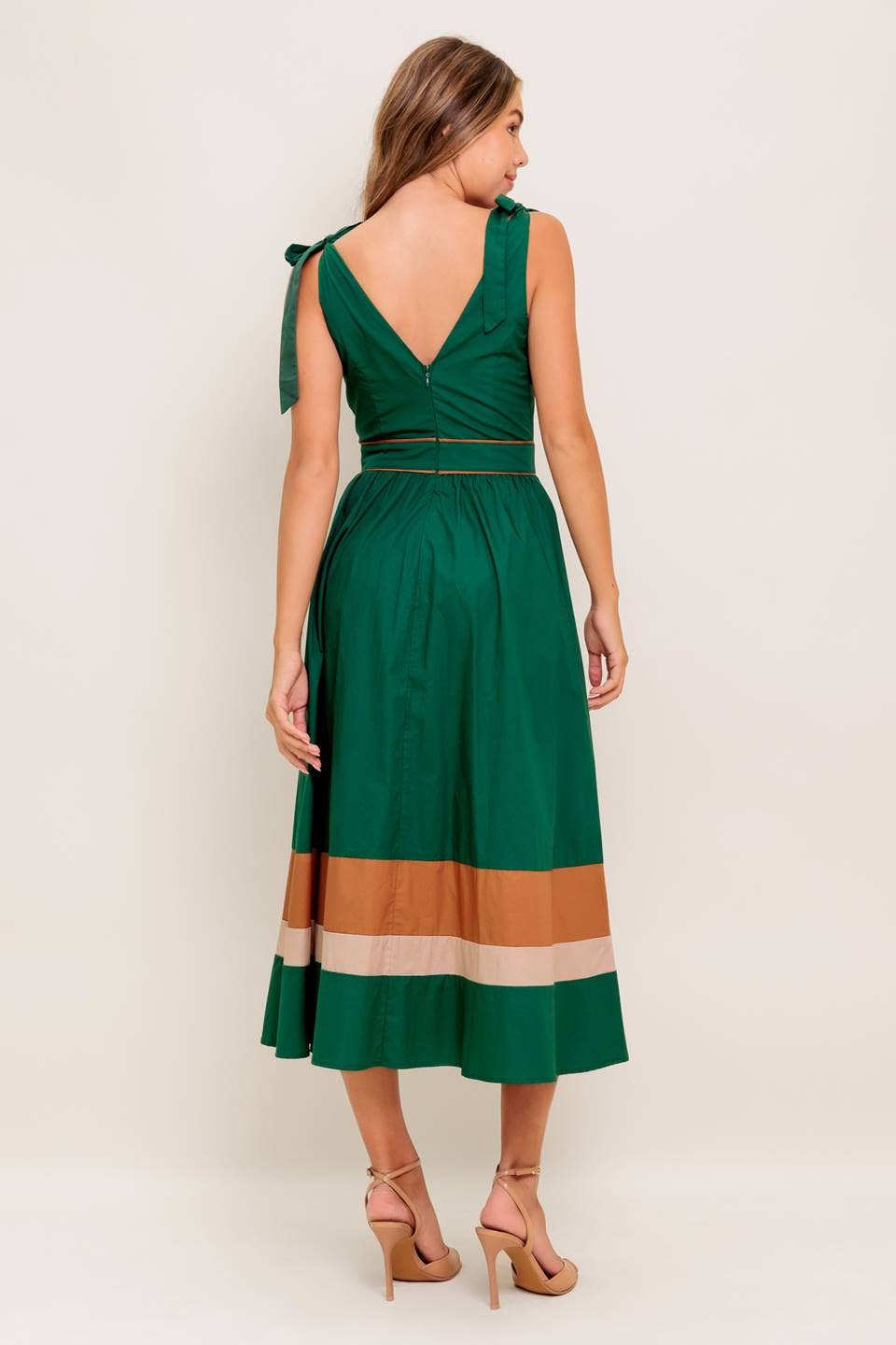 Green/Taupe color blocked midi dress - ID22698: