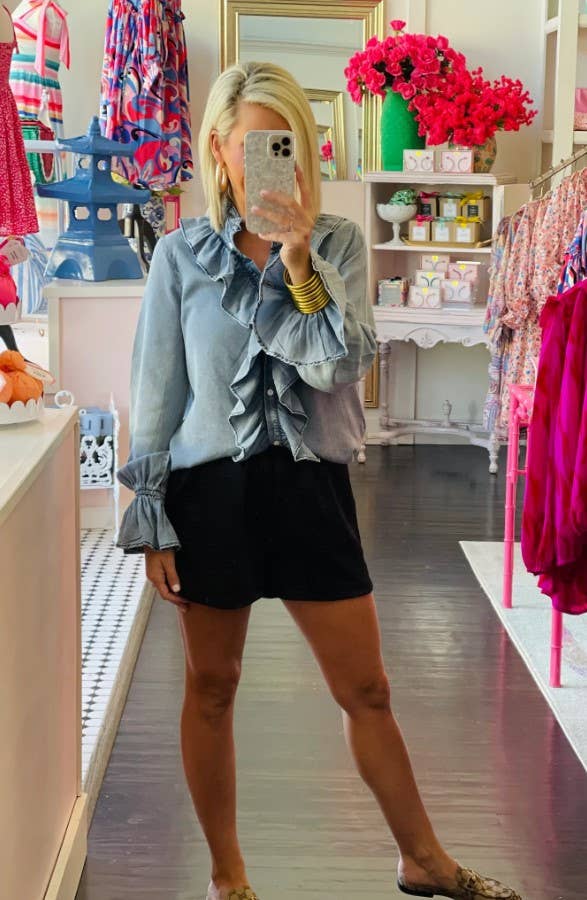 Denim Ruffled Button Down Long Sleeve Top: Denim