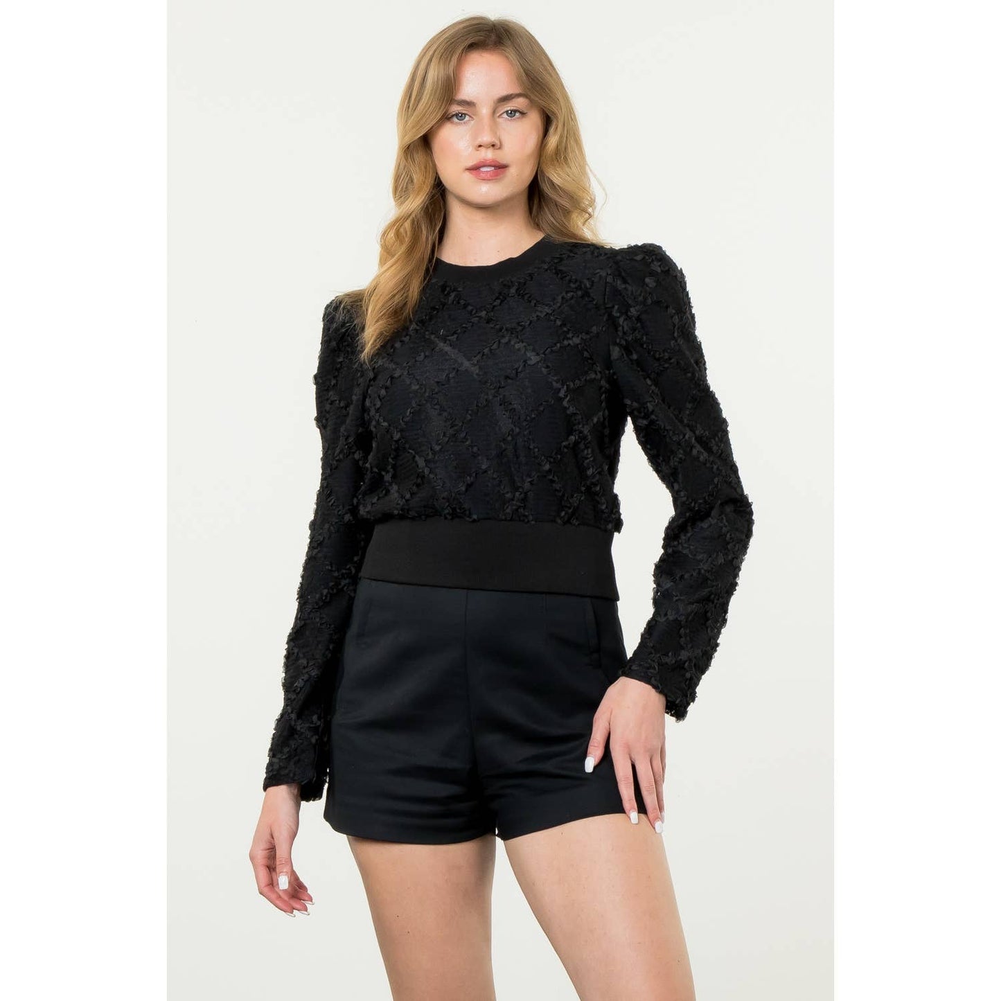 Long Sleeve Detailed Lace Top: BLACK / M