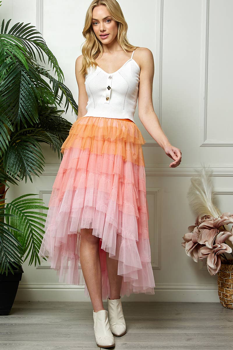 High Low Tiered Tulle Skirt: Orange/Pink / One Size