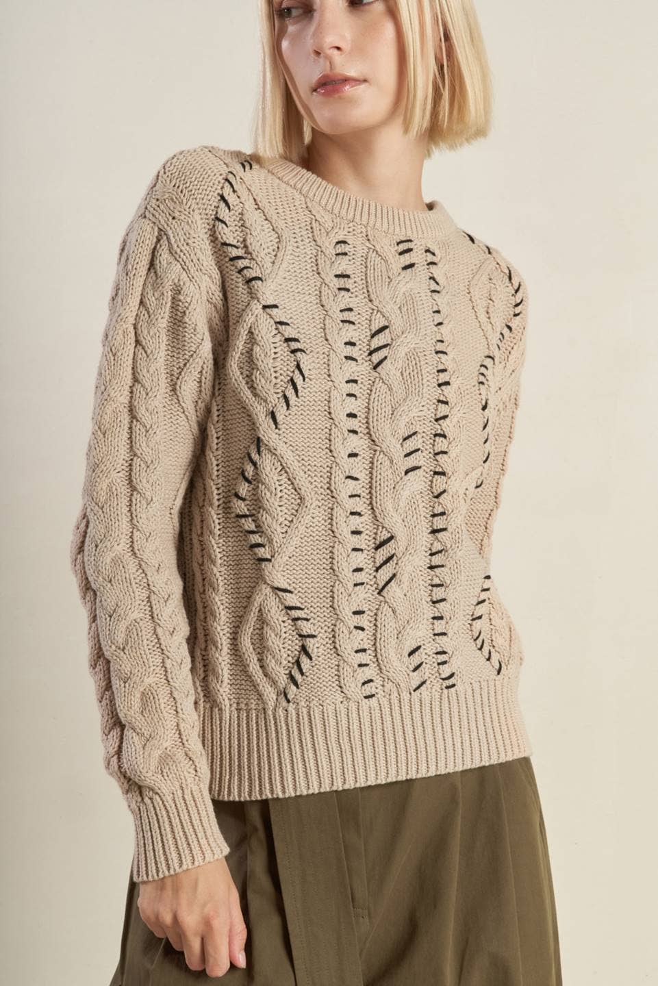 A sweater knit top - FSW1085: KHAKI BLACK / Contemporary