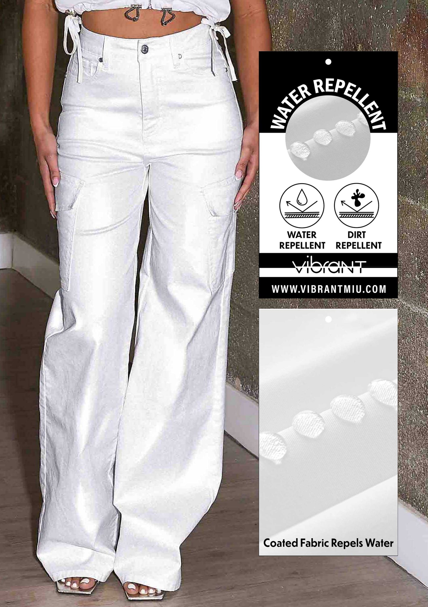 Water Repellent Coated Cargo Wide Leg Pants: White