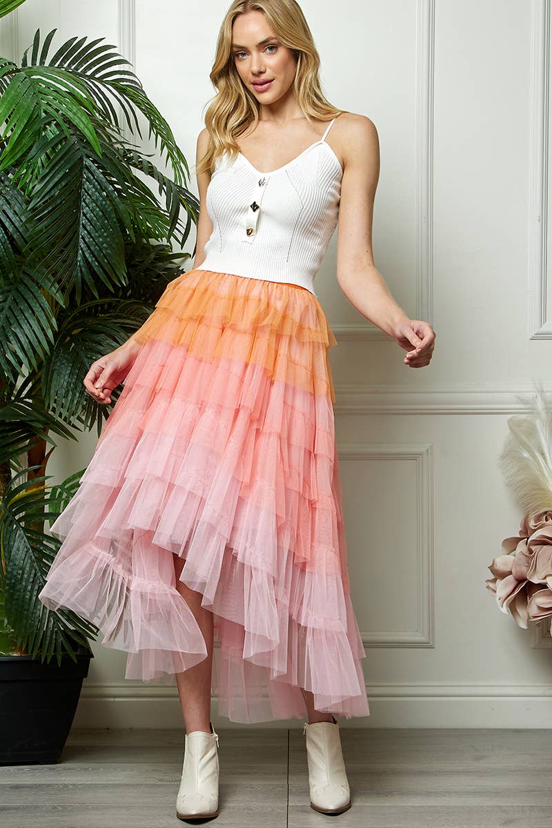 High Low Tiered Tulle Skirt: Orange/Pink / One Size