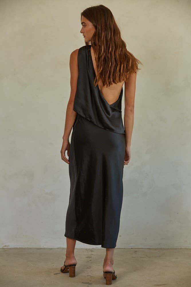Satin Polyester Spandex Open Back Midi Dress: Black / L6636