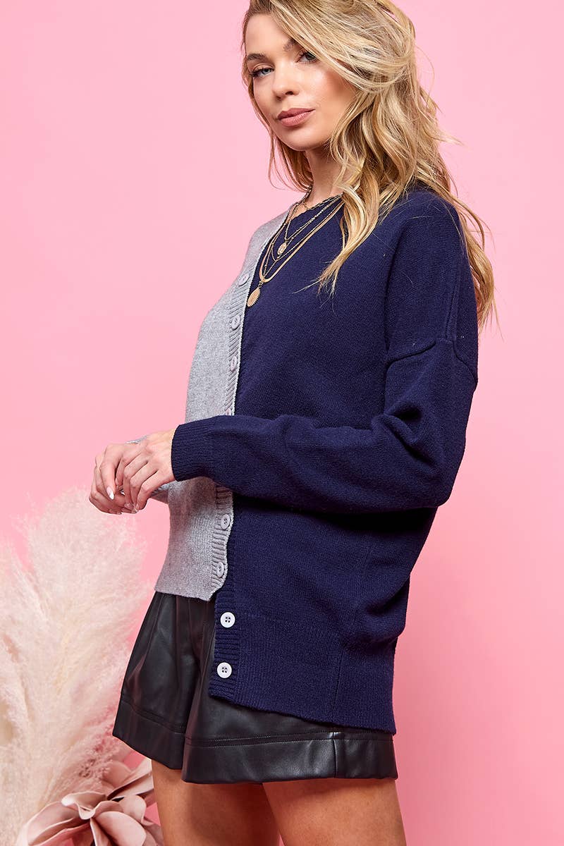 LONG SLEEVE COLOR BLOCK CARDIGAN: Navy