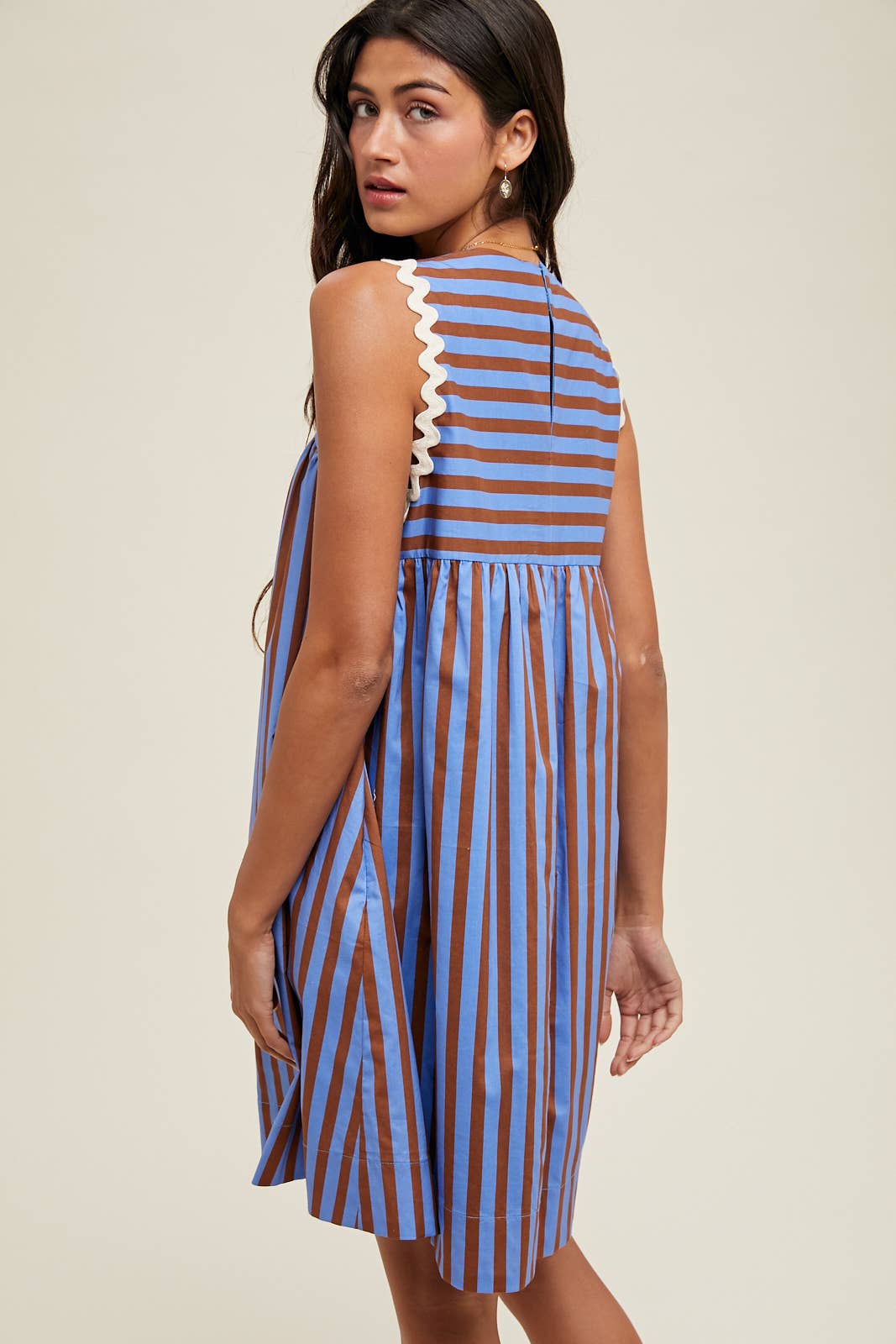 RIC RAC DETAIL STRIPED MINI DRESS / WL24-9870: BLUE/ESPRESSO