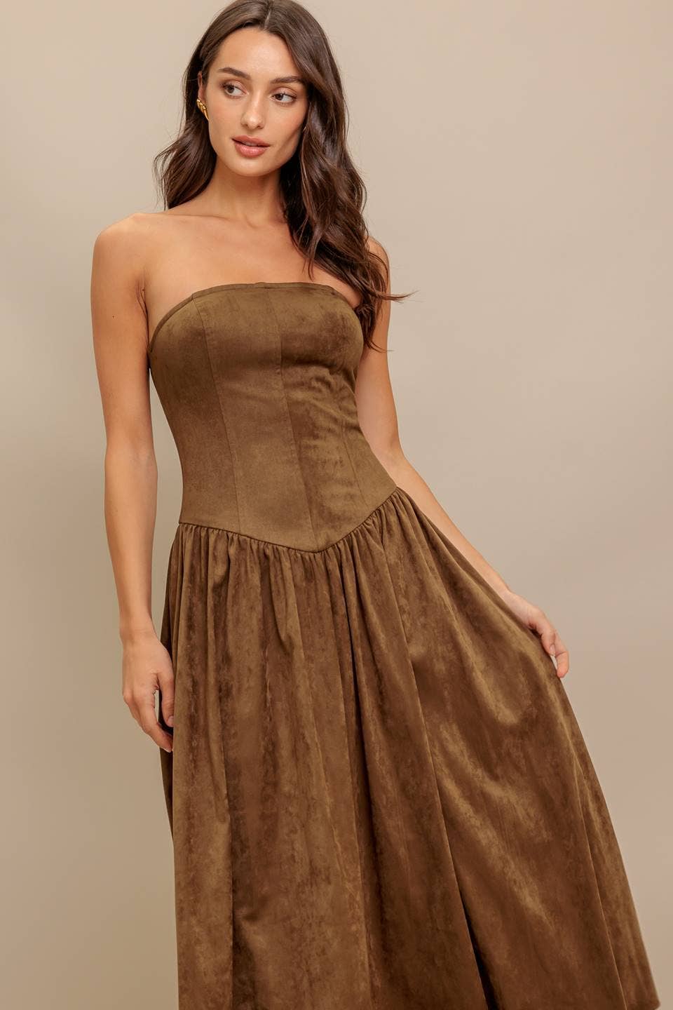 Faux strapless suede midi dress - ID22923: Brown