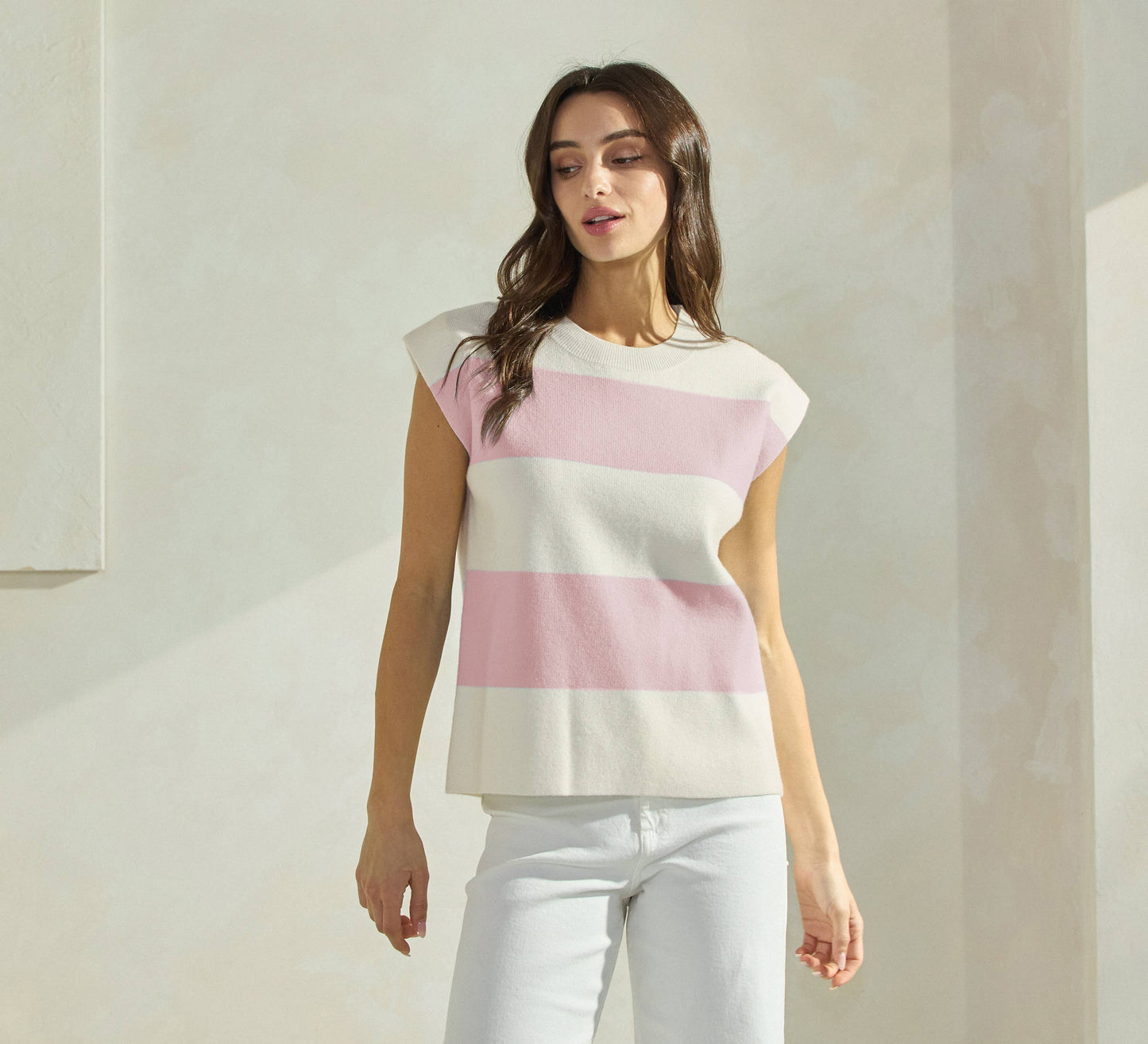 Striped Sleeveless Knit Top: IVORY/SKY