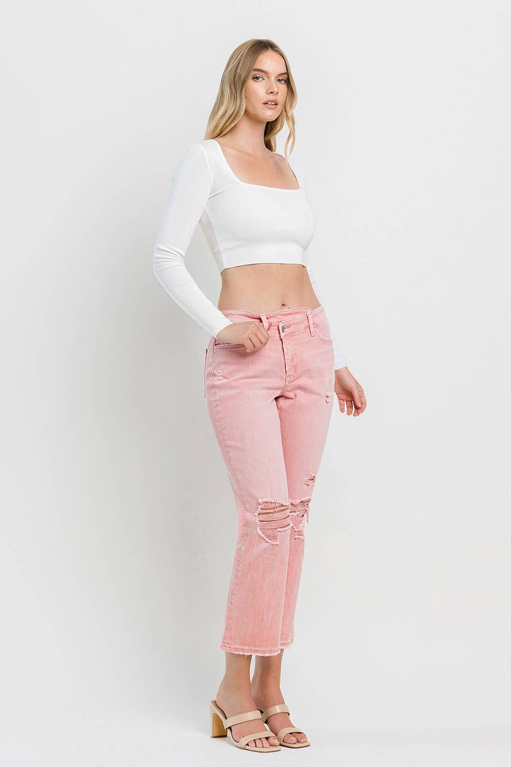 HIGH RISE CROSS OVER CROP STRAIGHT JEANS F5647BRS: BRIDAL ROSE