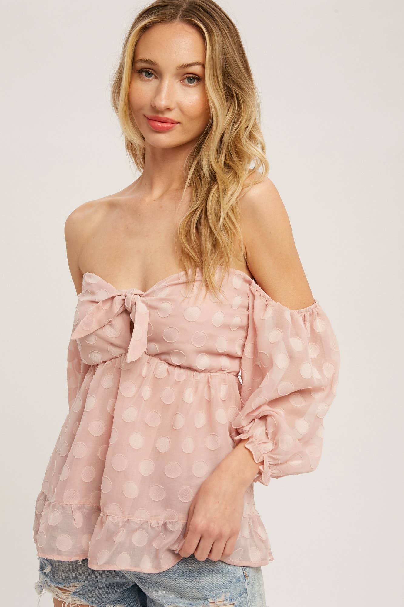 POLKA DOT FRONT TIE BLOUSE: BLACK / M