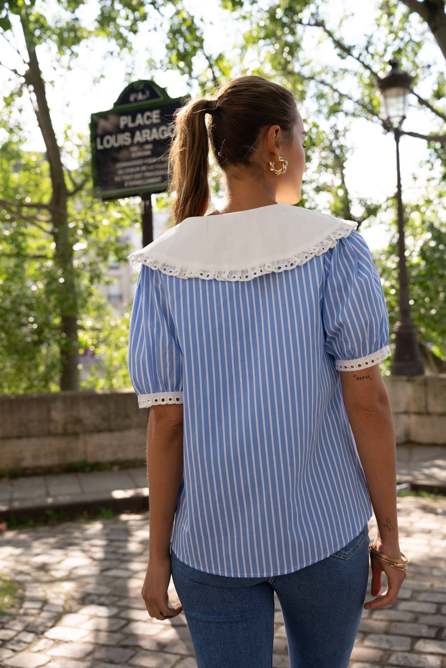 Cotton shirt with Peter Pan collar and short sleeves: Sky Blue