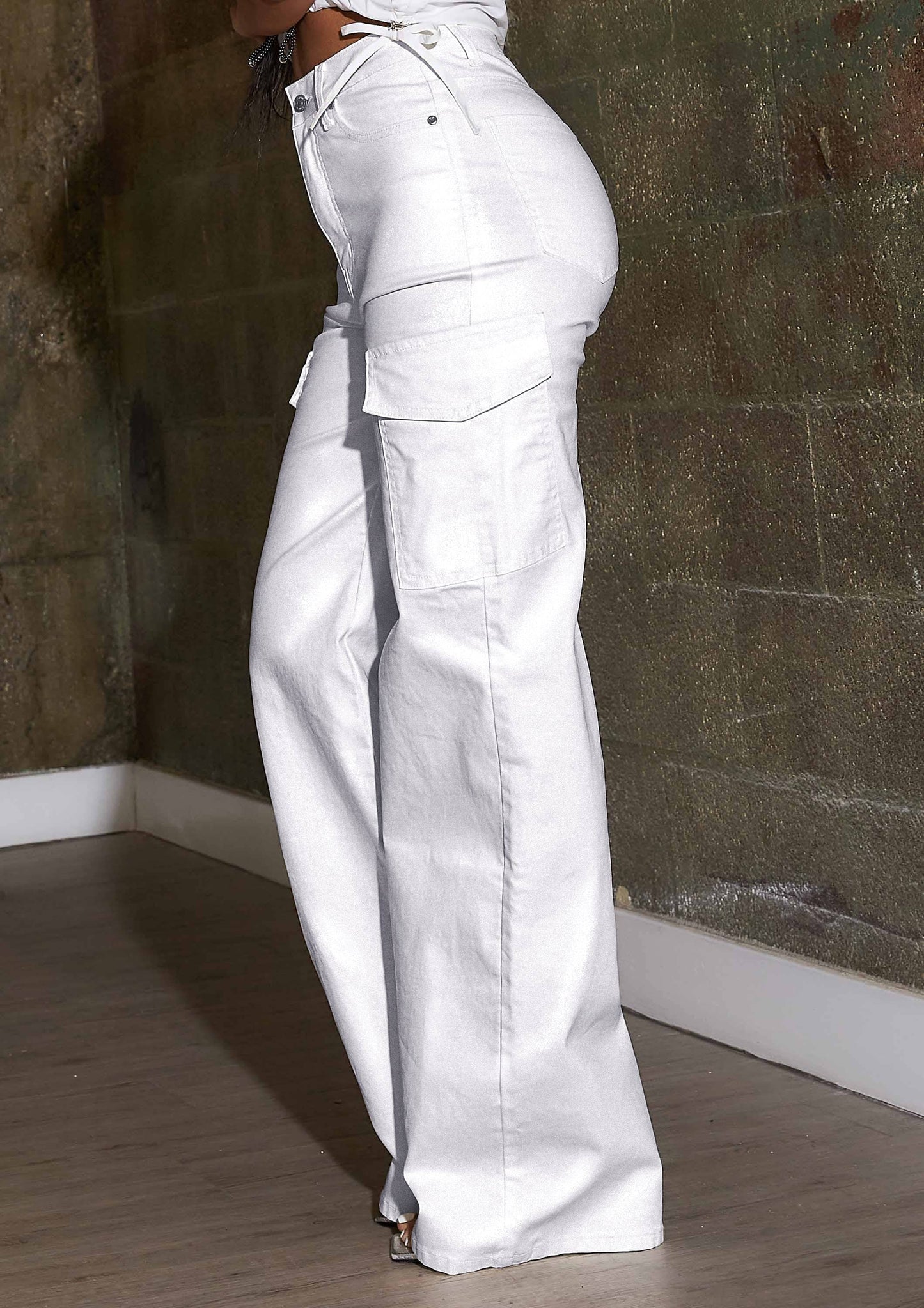 Water Repellent Coated Cargo Wide Leg Pants: White