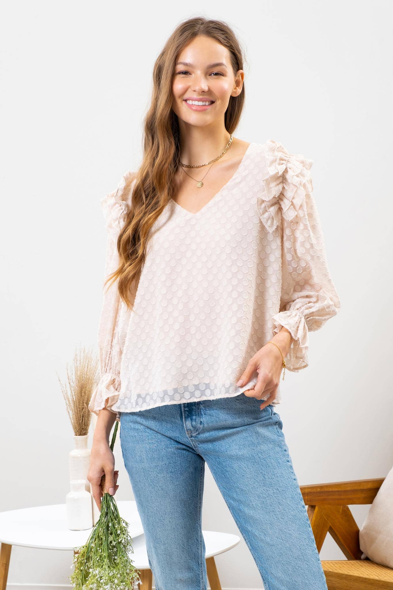 RUFFLE DOTTED BLOUSE: CREAM