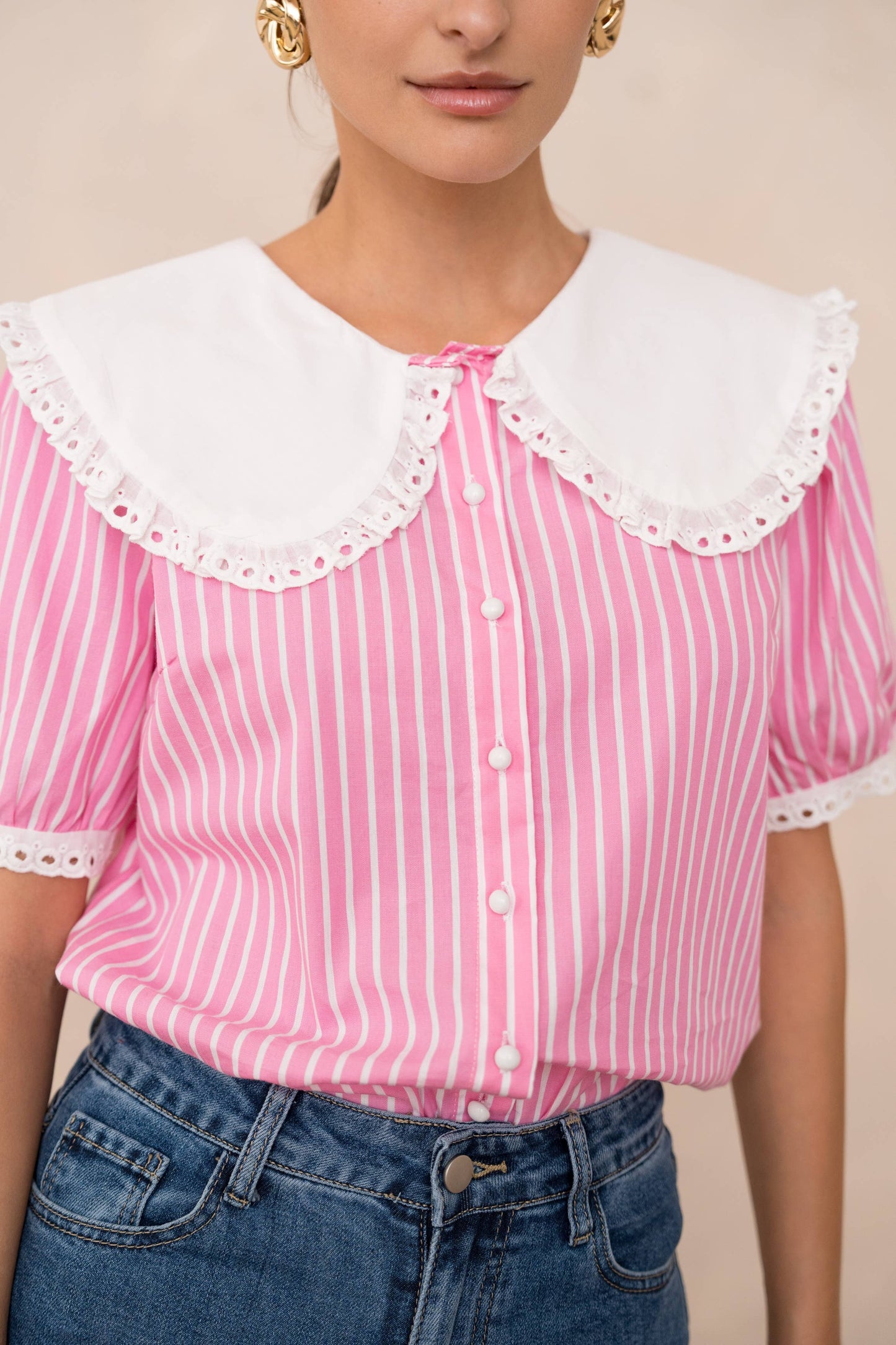 Cotton shirt with Peter Pan collar and short sleeves: Sky Blue
